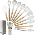 Kitchen Utensils Set of 12, Silicone Cooking Utensils with Non-Slip Wooden Handle and Organizer Bucket, 446°F Heat Resistant Cookware Utensils Set (Cream White)