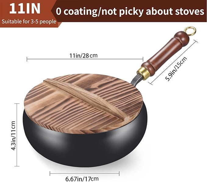Suntuup Japanese Iron Pan, Uncoated Iron Pan, 11 Inch Suntuup japanese iron frying pan Non-Stick IronPan for Cooker Gas Stir Fry Pans with Lid Spatula Durable and Rust-Free (Wooden Lid, 11.02in)