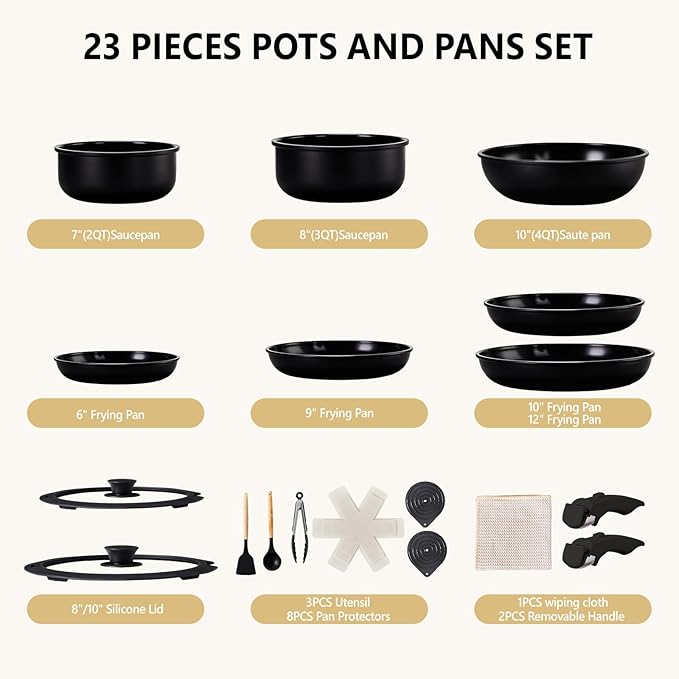 Bonnlo 23 PCS Non-Stick Cookware Set, Cast Aluminum Pots and Pans Set with Removable & Detachable Handles, Induction RV Kitchen Cook Set, Dishwasher Safe, PFAS PFOA & PFOS Free, for Home