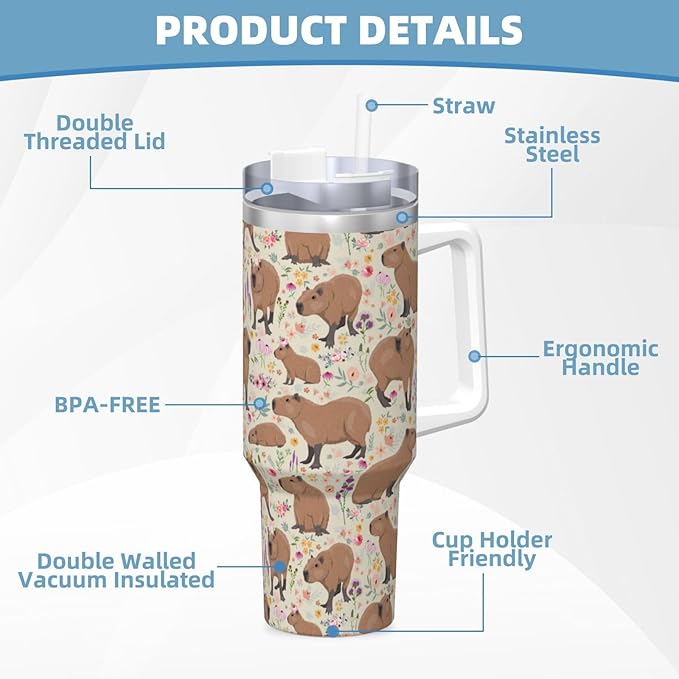 Capybara Gifts Capybara Tumbler Cute Cup for Girls, Teens, Women, Men Stainless Steel Vacuum Insulated 40oz Tumbler with Lid and Straw for Water, Iced Tea or Coffee, Beige