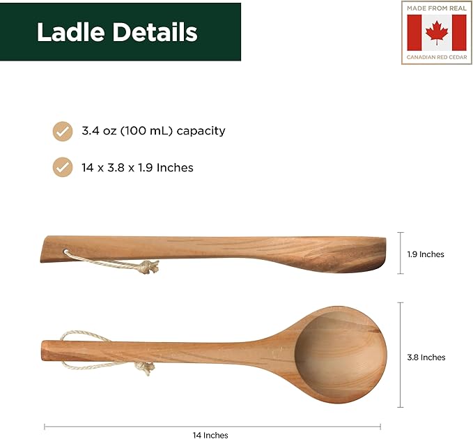 Sauna Ladle - Handmade from Canadian Red Cedar Wood - Natural Rope - 14″ Handle & 3.4 oz (100 mL) Capacity Spoon