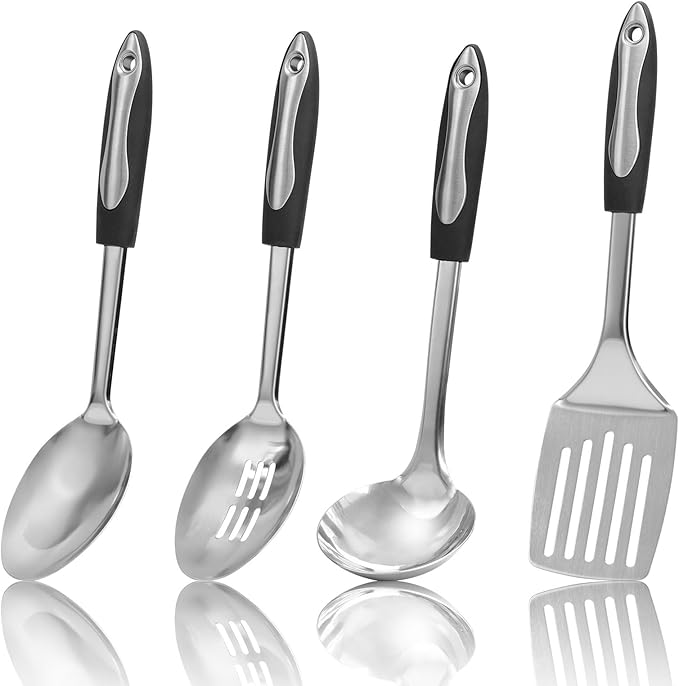 4-Piece Cooking Spoons Set, Serving Spoons Set, Stainless Steel Kitchen Cooking Utensil Sets, Slotted Spoon, Ladle, Turner, Serving Spoon, Commercial and Residential Use