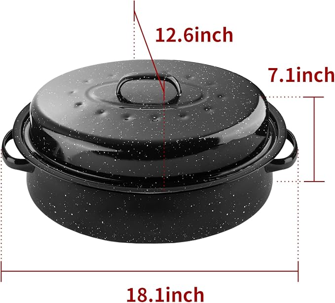 18Inch Roasting Pan, Enamel on Steel, Black Covered Oval Roaster Pan with Lid, Large Cookware for Turkey, Small Chicken, Roast Baking Pan.