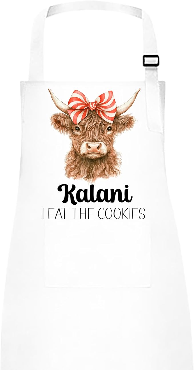 Mommy and Me Highland Cow with Peppermint Swirl Bow Apron Set – Matching Christmas Baking Aprons, Cow Kitchen Gift
