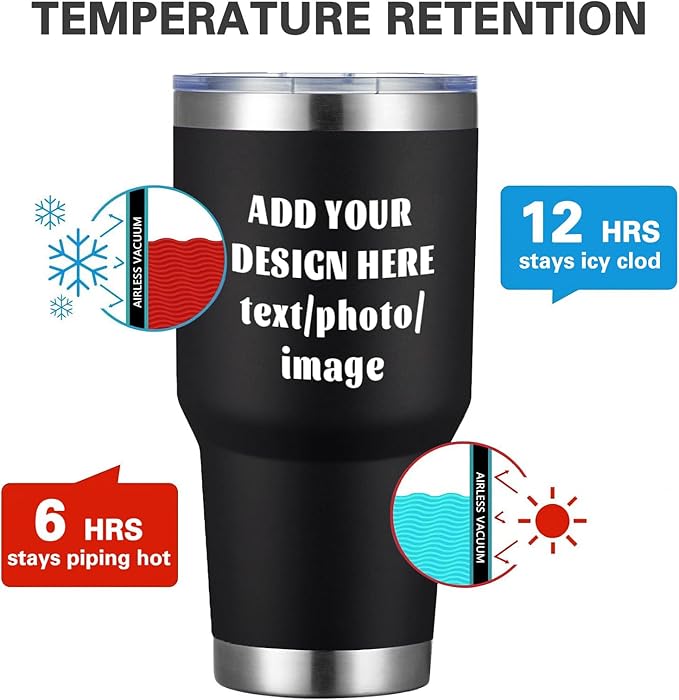 MEWAY Personalized Custom 30oz Stainless Steel Tumbler with Lid, Insulated Double Wall Vacuum Travel Coffee Tumbler Gifts with Text Photo Logo (Black, 1pack)