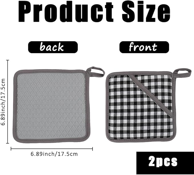 Pot Holders for Kitchen 2 Pack Heat Resistant Hot Pads for Kitchen Counter Decor, Silicone Non-Slip Hot Pads with Soft Cotton Lining Pot Holder Trivets for Kitchens Oven Cooking Baking Pans,Gray Plaid