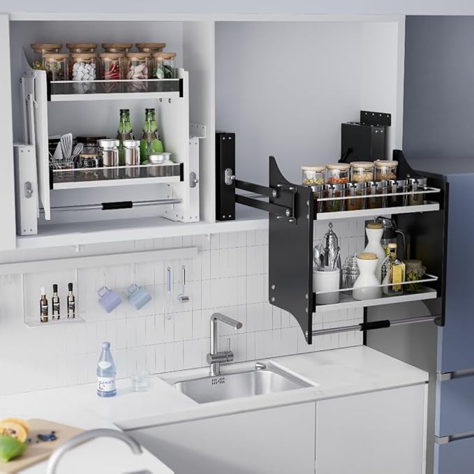 Pull Down Shelf for Kitchen Upper Cabinet, Heavy Duty Cabinet Organizer Large Storage Space, White, 26-28 Inch Width