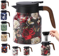 Vintage Floral Pattern Tea Pots – Built-in Infuser,Vintage Floral Teapot with Built In Infuser Stainless Steel Thermal Carafe with Lid for Hot Drinks,Brown(Wooden handle,35oz)