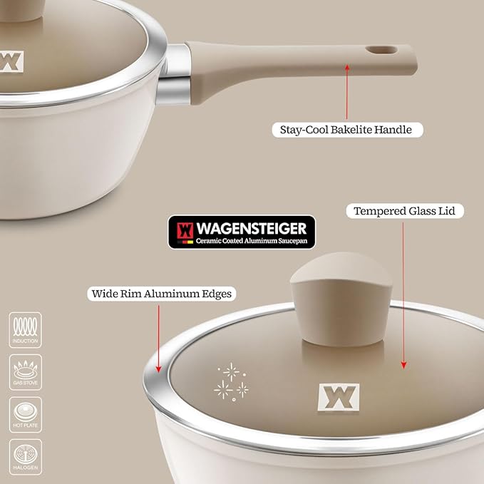 Aluminum Saucepan with Ceramic Coated Non-Stick Surface, 7-Layer Coating, Bakelite Handle and Lid Knob, Tempered Glass Lid, All Cooktops Compatible, 2.34 Liters / 2.47 Quarts