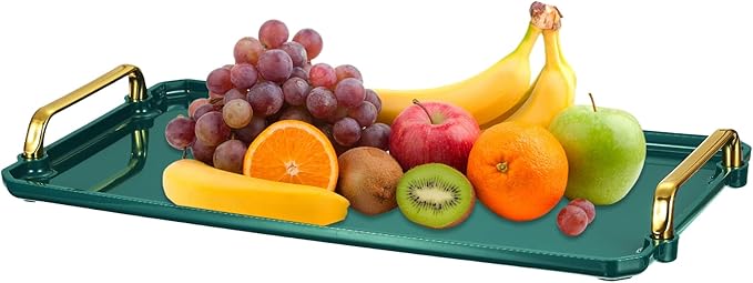 uxcell Plastic Serving Tray with Golden Handle, 16 x 8.7 Modern Rectangular Decorative Tray Acrylic Reusable Tea Platter for Countertop Bathroom Kitchen Home Restaurant, Dark Green