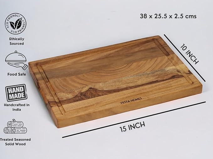 Vesta Homes Wooden Edge Grain Cutting Board/Chopping, Serving Board/Block for Vegetables, Fruits, Cheese and Charcuterie | Natural Acacia Wood | 15 * 10 * 1 Inches | Handcrafted in India