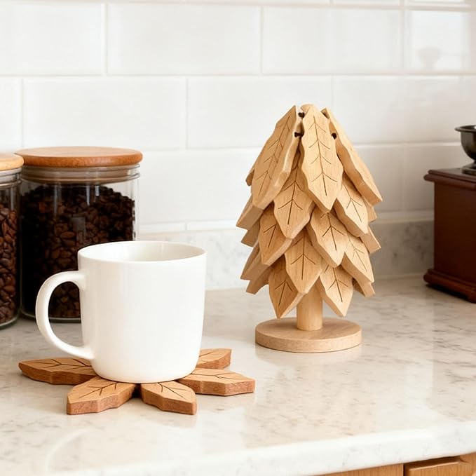 Wooden Trivets for Hot Dishes, 5Pcs Moso Bamboo Christmas Tree Coaster Set with Storage Stand for Pots, Pans & Plates