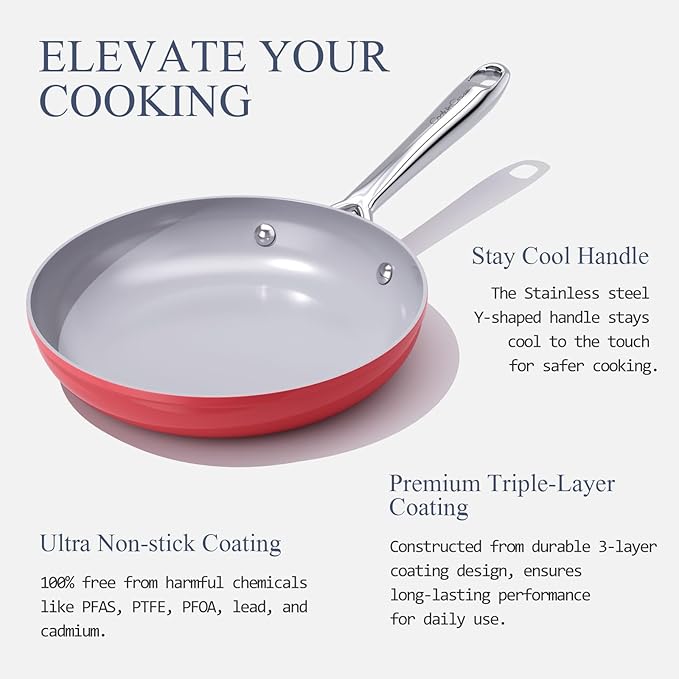 Nonstick Ceramic Frying Pan 10 Inch and Saucepan with Lid 3 qt for Induction Cooktops - Non Toxic, PTFE/PFOA/PFAS Free, Oven & Dishwasher Safe up to 500°F, Fusion Red