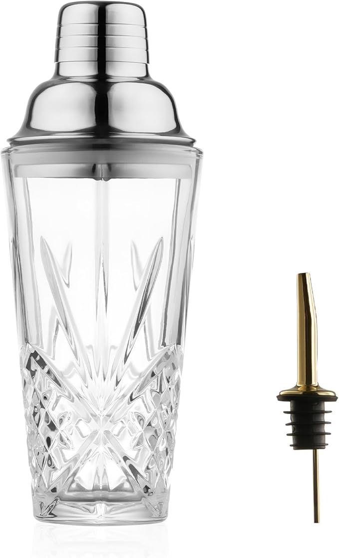 Glass Cocktail Shaker, 15oz Cutting Design - Exquisite Martini Shaker for Elevated Mixology. Perfect for Crafting Artisan Cocktails, Martinis. (Including Drink Shaker & Gold Pour Spout)
