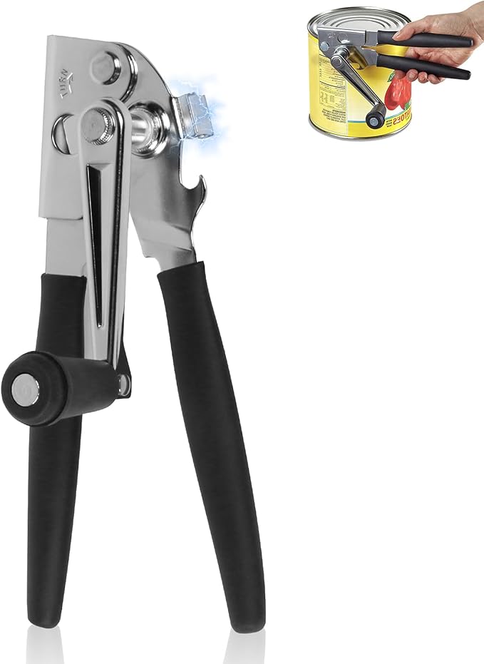Manual Can Opener with Folding Crank Handle, Commercial Heavy Duty Hand Held Can Openers with Magnet, for Seniors with Comfortable Long Rubber Handle