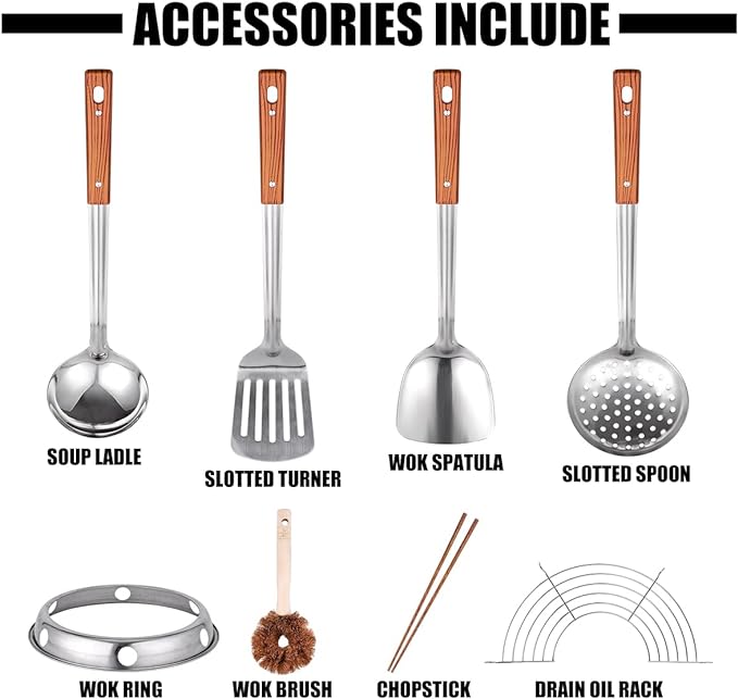 Carbon Steel Wok Traditional Hand Hammered - 13.4" Chinese Woks Round Bottom Wok Pan Set with 8 Pcs Cookware Accessories