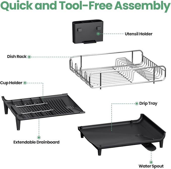 TOOLF Dish Drying Rack - Large Expandable Dish Rack for Kitchen Counter, Stainless Steel Dish Drainer for Kitchen Organization with Cutlery ＆ Cup Holder, Black