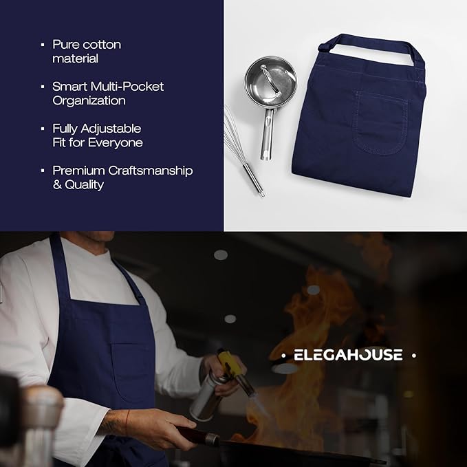 Unisex Apron with Pockets for Cooking, Salon & Art - 100% Cotton Adult Kitchen, Chef, Stylist Apron (Blue)