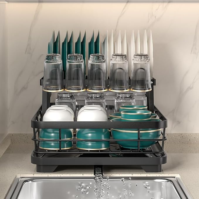 2-Tier Large Dish Drying Rack, Black Kitchen Counter Organizer with Detachable Design, Utensil Holder, Drainer for Plates, Bowls and Glassware