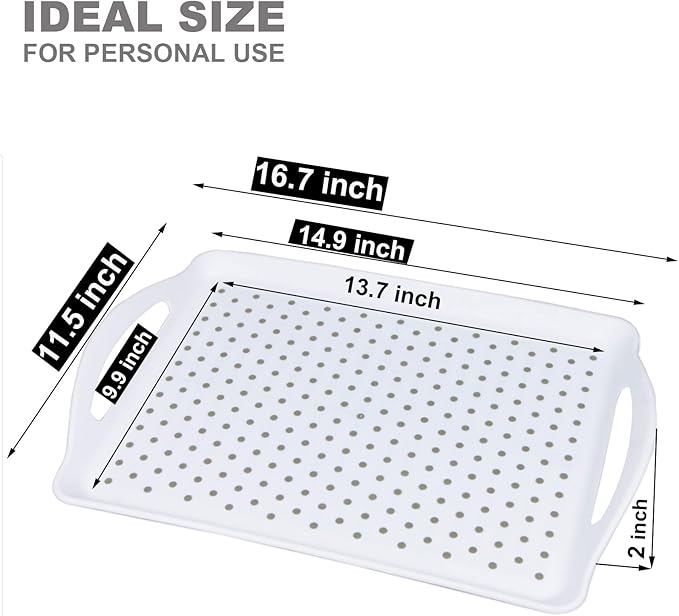 Non Slip Food Serving Tray with Handles, Rectangle Anti-Slip Non-Toxic Dishwasher Safe Tray for Snack Fruit Dessert Breakfast Drink Come with Cleaning Cloths, White