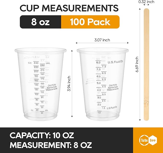 Turbo Bee Plastic Measuring Cups 8OZ,100 PACK Disposable Mixing Cups with 100 Mixing Sticks,Paint Graduated Measuring Tumblers for Epoxy Resin, Paint Mixing, Art DIY