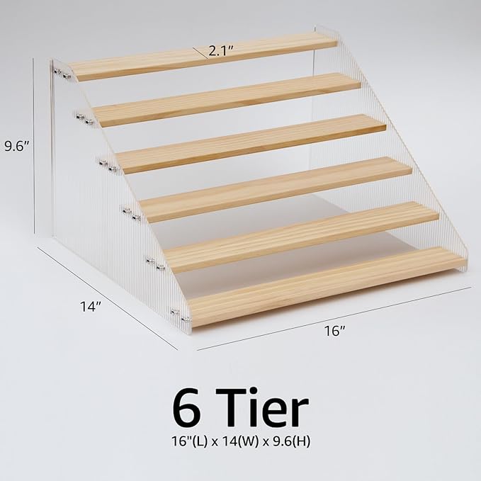 nianfeng Tiered Spice Rack, 6-Tier Spice Pantry Kitchen Cabinet Organizer, 16-Inch, Natural Wood Acrylic Stair Riser Stand, Countertop Seasoning Shelf