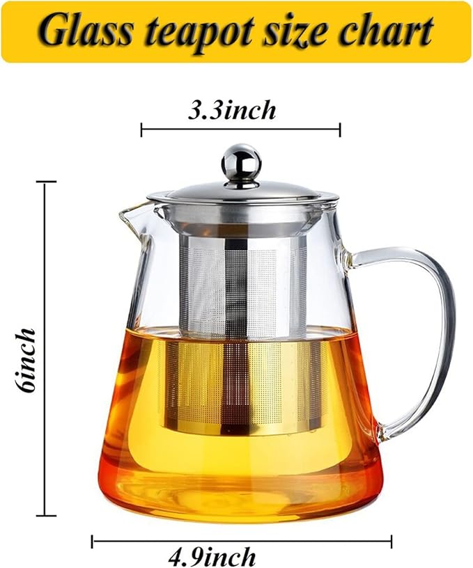 Glass Teapot with Removable Stainless Steel Infuser, Borosilicate Glass Tea Pot with Strainer,for Blooming Tea & Loose Leaf Tea, Microwave & Stovetop Safe (33OZ)