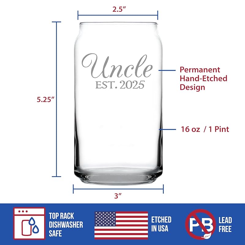 Uncle Est 2025 - Beer Can Pint Glass Gift for First Time Uncles - Decorative 16 Oz Glasses
