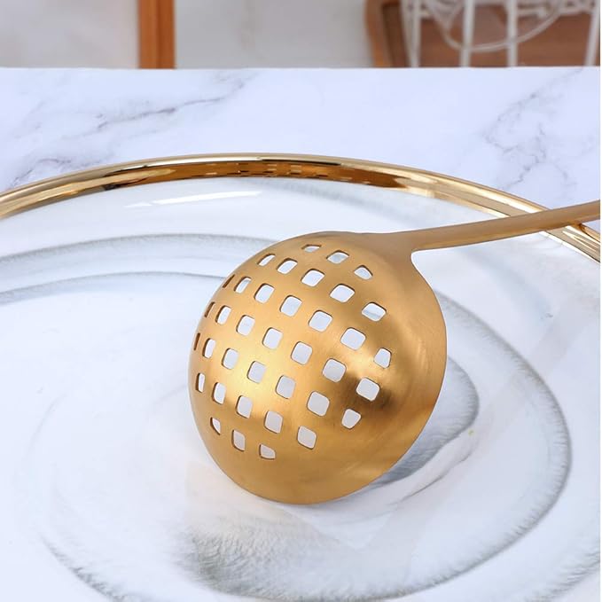 Buyer Star 2 Pcs Soup Ladle Colander, Gold Cookware Serving Long Handle Steel Slotted Spoon Cooking Utensil Set for Hotpot