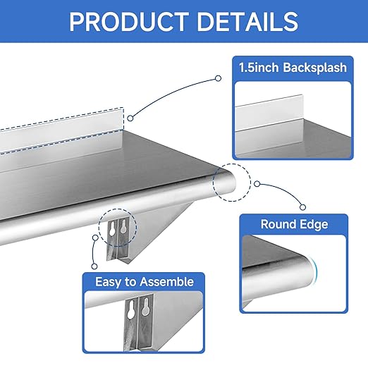 ROCKPOINT Stainless Steel Shelf 10 x 36 Inches 240lb, 2 Pack NSF Metal Commercial Shelves Wall Mount Floating Shelving with Backsplash for Restaurant, Kitchen, Home and Hotel, Silver