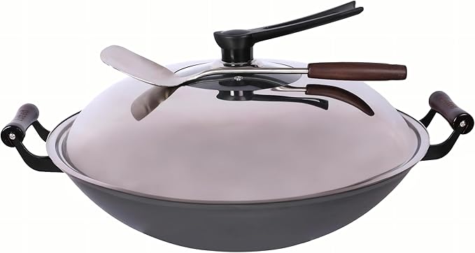 Chinese woks with a lid and a Spatula stir-fry pans deep fryer Cast Iron 18.11 Inches Round Bottom Pot Uncoated for Open Fire not easy to rust not easy to stick and durable for about 5-18 people