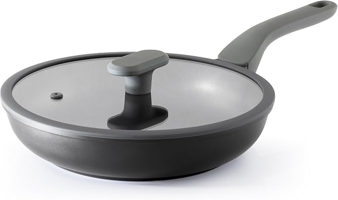 PRICUSIS Nonstick Frying Pan with Lid, 8/10 Inch Skillet with Stay Cool Handle, Fully Coated, Induction Compatible & Oven Safe, 100% Dishwasher Safe, PTFE & PFOA Free（10 Inch, Black Sesame）