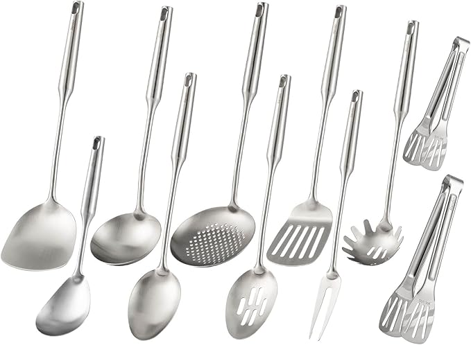 18/10 Stainless Steel Kitchen Utensils Set - 15” All Metal Cooking Tools, 11Pcs - 2 Tongs, Fork, Solid Spoon, Slotted Spoon, Spatula, Soup Ladle, Skimmer, Slotted Spatula, Spaghetti Spoon, Large Spoon