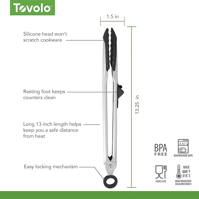 Tovolo Tongs With Silicone Tips Easy Grip 13” Long Kitchen Tongs Stainless Steel Handle For Cooking BBQ, Non Scratch Heat Resistant Locking Metal Tongs Silicone Tipped Dishwasher Safe BPA Free, Black