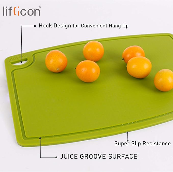 Liflicon Silicone Thick Cutting Boards Mats Set of 3 Foldable & Flexible Design Juice Grooves Easy Grip Handle Dishwasher Safe for Kitchen,BPA free Silicone Cutting Board-Green
