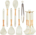 Kitchen Utensils Set - 7 PCS Non-Stick Silicone Cooking Utensils Set with Wooden Handle,Kitchen Gadgets Tools Set for Nonstick Cookware (Cream White-7Max)