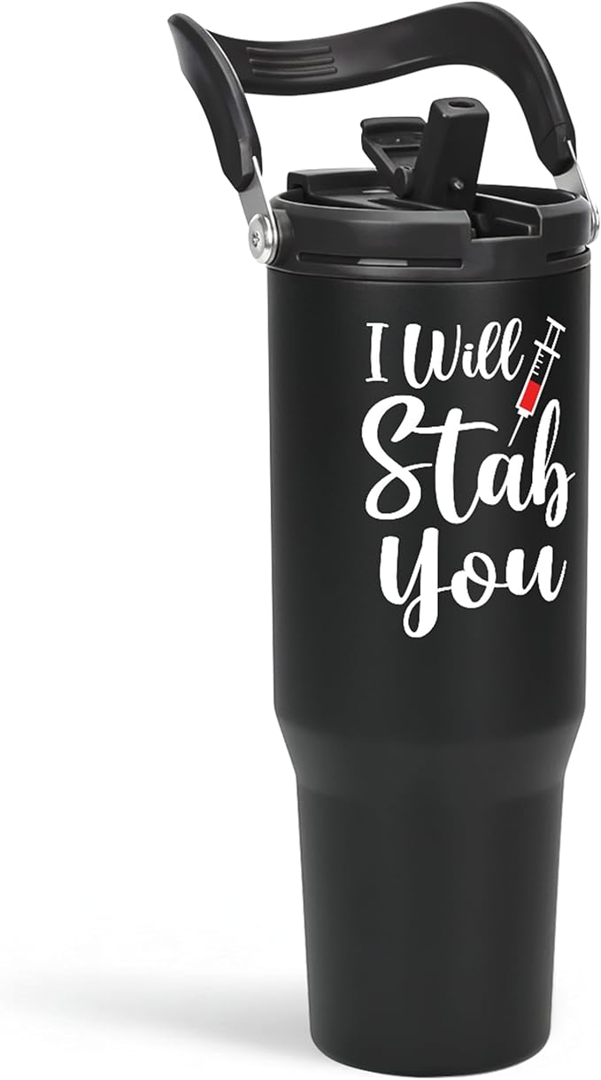 SANDJEST Nurse Gifts for Women, I Will Stab You Nurses Tumbler with Handle 30oz Flip Straw Stainless Steel Coffee Travel Cup, Nurse Appreciation Gifts for Birthday Christmas Nurse Week Graduation