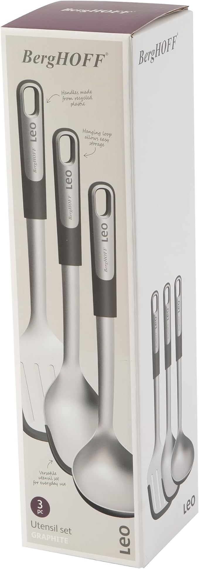 BergHOFF Graphite 3Pc Cooking Utensil Set, Recycled Material, Slotted Turner, Serving Spoon, Soup Ladle, Stainless Steel Head with Silicone Head, For Nonstick Cookware