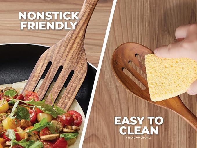 OOZi Wooden Spoon for Cooking Set – Premium 6-Piece Acacia Wooden Utensil Set with Spoon Rest, Nonstick Safe Spoons & Spatulas for Stirring, Serving, Tossing Salad & Kitchen Gifts