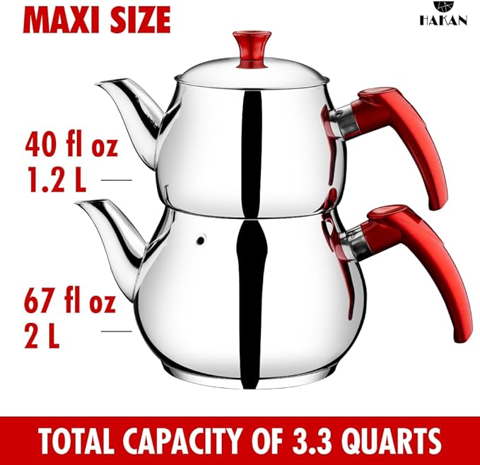 Hakan Stainless Steel 3.2 L, 107 Oz, Maxi Double Bondy Tea Pot Set with Self Strainer Double Lids, Turkish Samovar Style Teapot Set, Tea Kettle for Loose Leaf Tea with Red Bakelite Handle 3.3-Quart