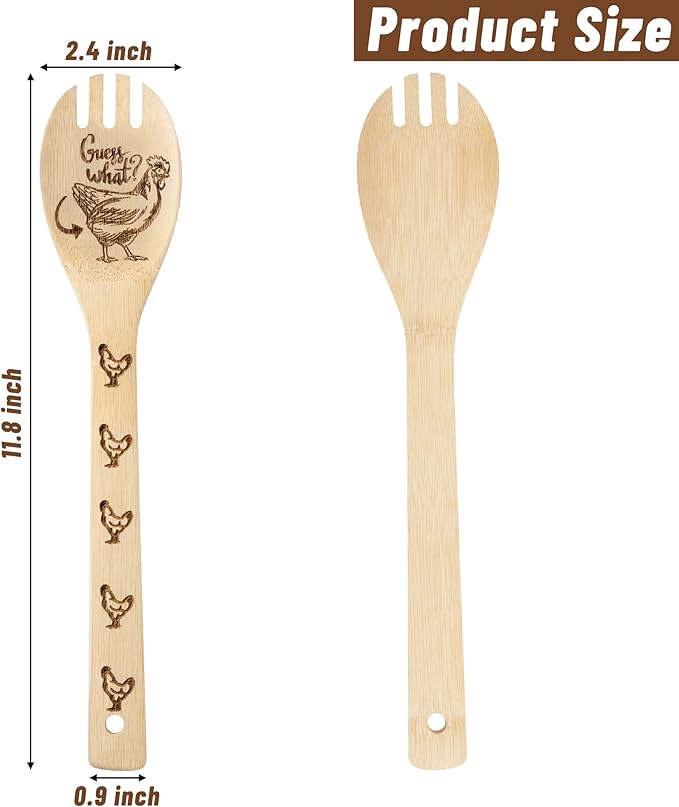 Eartim Wooden Cooking Spoon Utensil - 5Pcs Father's Day Chicken Rooster Kitchen Cooking Utensil Non-Stick Carve Burned Bamboo Spoon Set Slotted Spatula Cookware Kitchen Gadget Dad's Papa Birthday Gift