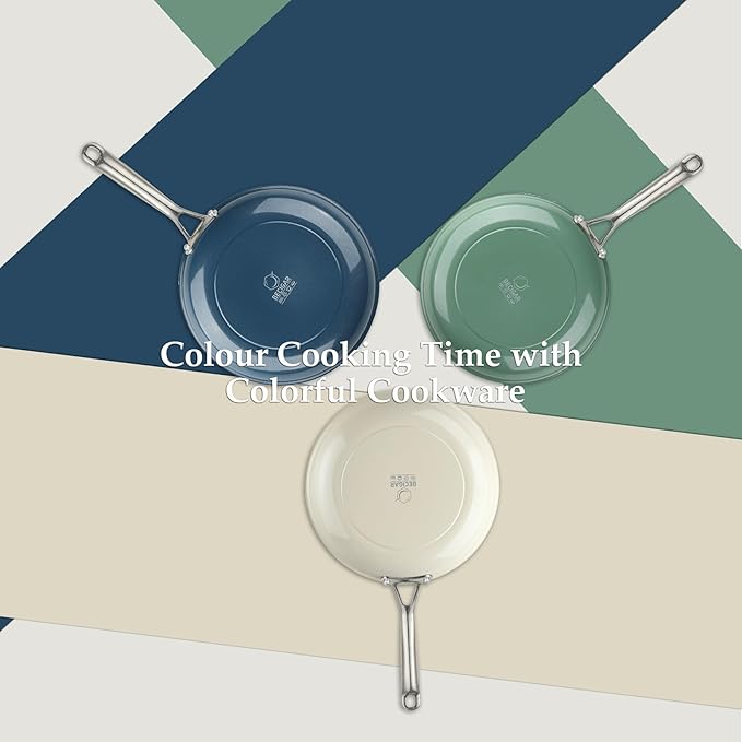Ceramic Frying Pan Set with Stainless Steel Handle - Perfect Cookware Set for Steak & Non Stick Cooking - Ceramic Pans Set Non Stick Trendy Essential for Young Chefs(Cream White)