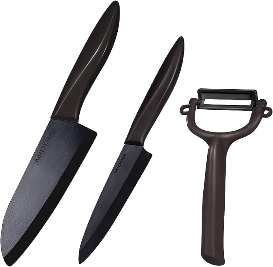 Kitchen Knife Set with Peeler (3 Pieces), includes 5" Santoku Knife, 4.5" Paring Knife, Fruit and Vegetable Peeler, Ceramic Blades with Ergonomic Handle, Black Blade