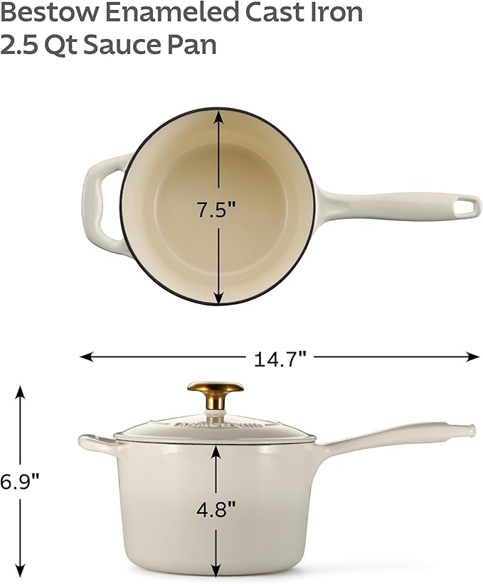 Tramontina Bestow Enameled Cast Iron Sauce Pan with Lid, 2.5-quart, Latte with Gold Knob