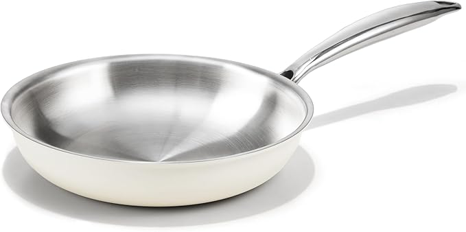 KITEXPERT 8" Tri-Ply Stainless Steel Frying Pan – PFOA-Free, Beige Ceramic Exterior, Stainless Steel Handle, Dishwasher & Oven Safe, Compatible with All Stovetops