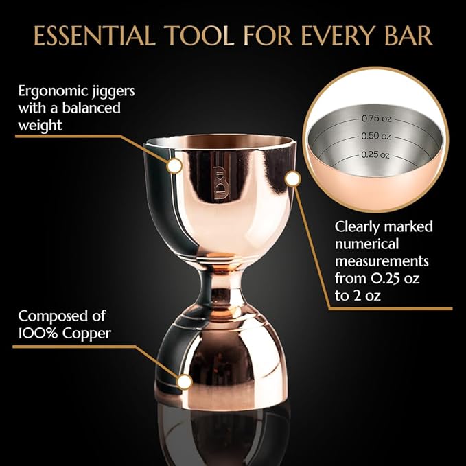 Double Bell Jigger by Bull In China - Premium 100% Copper with 0.25oz to 2oz Measures for Cocktails, Bars & Bartenders