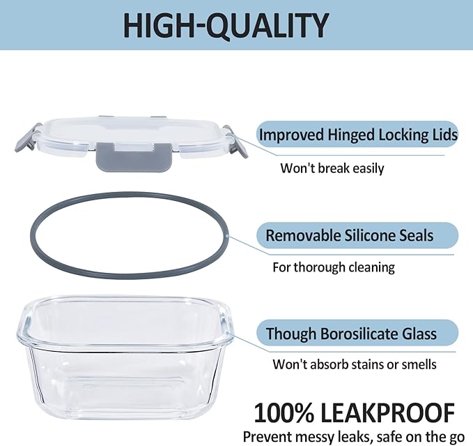 Glass Food Storage Containers with Lids, 4 Pack, Airtight, Leak Proof, BPA Free, Oven/Dishwasher Safe, Grey