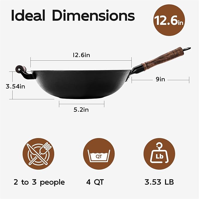 WANGYUANJI 12.6 Inch Iron Wok with Wooden Lid and Spatula, Flat Bottom Chinese Stir Fry Pan, Chemical-Free Uncoated Iron Wok for Induction, Gas and Electric Stoves