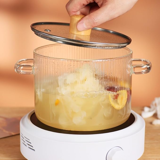 Glass Cooking Pot with Lid - 1.8L(63oz) Heat Resistant Borosilicate Glass Saucepan with Brush & Anti-Scalding Mat for Pasta Noodle, Soup, Milk, Baby Food
