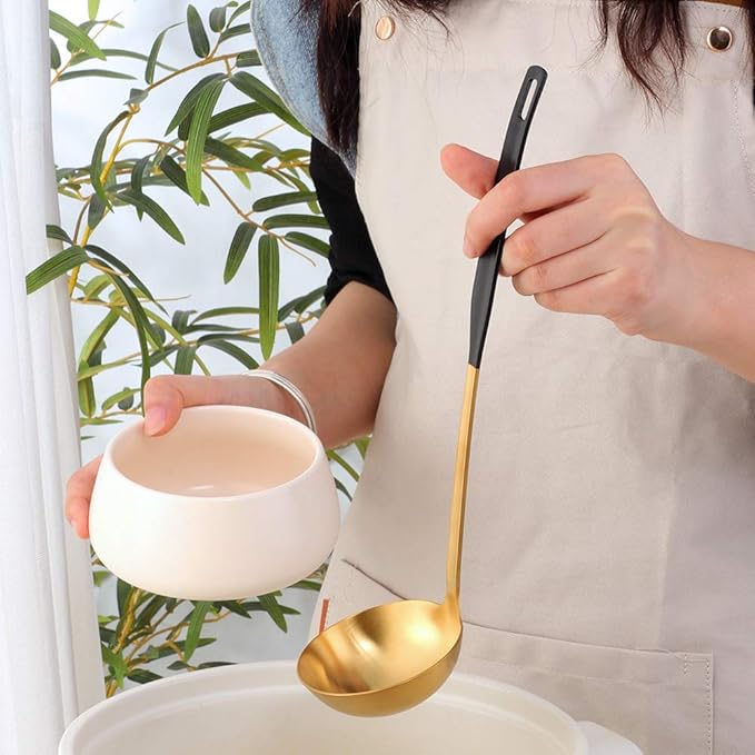 Buyer Star 2 Pcs Soup Ladle Colander, Gold Black Cookware Serving Long Handle Steel Slotted Spoon Cooking Utensil Set for Hotpot